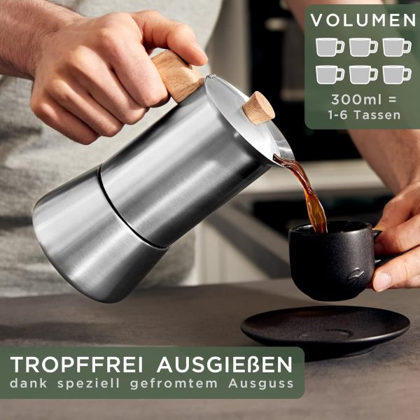 WALDWERK Espressokocher (300ml) - Espressokocher Induktion für alle Herdarten geeignet - Mokkakanne aus Edelstahl mit Holzgriff aus echtem Eichenholz 4