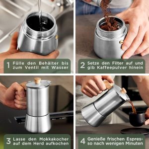 WALDWERK Espressokocher (300ml) - Espressokocher Induktion für alle Herdarten geeignet - Mokkakanne aus Edelstahl mit Holzgriff aus echtem Eichenholz 16