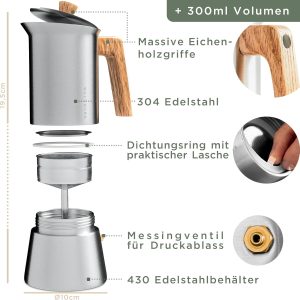 WALDWERK Espressokocher (300ml) - Espressokocher Induktion für alle Herdarten geeignet - Mokkakanne aus Edelstahl mit Holzgriff aus echtem Eichenholz 18