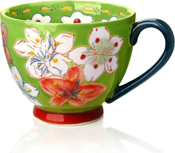 Keramik Groß Tasse, Awanber Kaffeetasse mit Blume Handbemalt 450ml Tee Becher–Beste Geburtstags für Frauen, Mädchen, Freund –Muttertagsgeschenk für Mutter, Oma, Ehefrau, Tochter – Hellgrün 1
