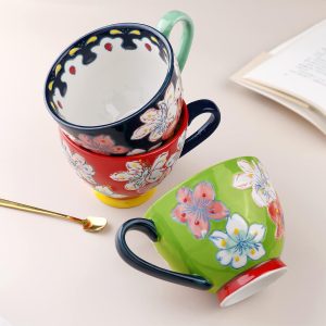 Keramik Groß Tasse, Awanber Kaffeetasse mit Blume Handbemalt 450ml Tee Becher–Beste Geburtstags für Frauen, Mädchen, Freund –Muttertagsgeschenk für Mutter, Oma, Ehefrau, Tochter – Hellgrün 10