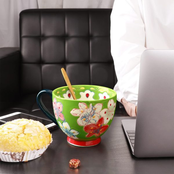 Keramik Groß Tasse, Awanber Kaffeetasse mit Blume Handbemalt 450ml Tee Becher–Beste Geburtstags für Frauen, Mädchen, Freund –Muttertagsgeschenk für Mutter, Oma, Ehefrau, Tochter – Hellgrün 5