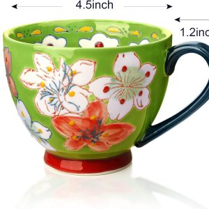 Keramik Groß Tasse, Awanber Kaffeetasse mit Blume Handbemalt 450ml Tee Becher–Beste Geburtstags für Frauen, Mädchen, Freund –Muttertagsgeschenk für Mutter, Oma, Ehefrau, Tochter – Hellgrün 18