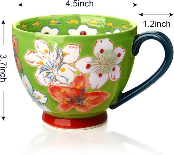 Keramik Groß Tasse, Awanber Kaffeetasse mit Blume Handbemalt 450ml Tee Becher–Beste Geburtstags für Frauen, Mädchen, Freund –Muttertagsgeschenk für Mutter, Oma, Ehefrau, Tochter – Hellgrün 7