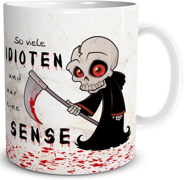 TRIOSK Tasse So viele Idioten und nur eine Sense mit Sensenmann Spruch lustig Fun Horror Geschenk für Arbeit Büro Kollegen Männer Frauen Beige, Keramik 300ml 1