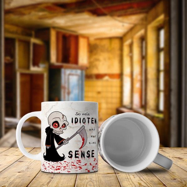 TRIOSK Tasse So viele Idioten und nur eine Sense mit Sensenmann Spruch lustig Fun Horror Geschenk für Arbeit Büro Kollegen Männer Frauen Beige, Keramik 300ml 3