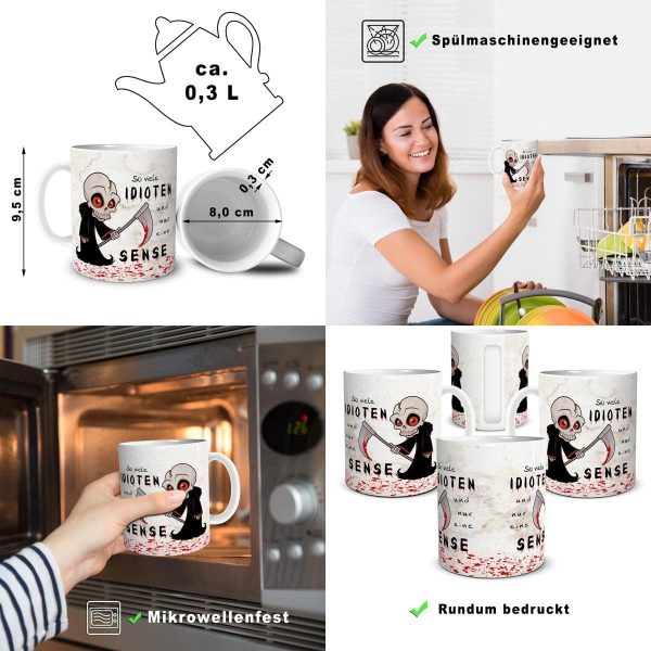 TRIOSK Tasse So viele Idioten und nur eine Sense mit Sensenmann Spruch lustig Fun Horror Geschenk für Arbeit Büro Kollegen Männer Frauen Beige, Keramik 300ml 6