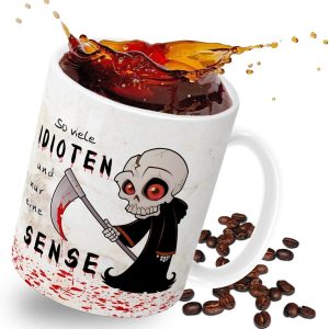 TRIOSK Tasse So viele Idioten und nur eine Sense mit Sensenmann Spruch lustig Fun Horror Geschenk für Arbeit Büro Kollegen Männer Frauen Beige, Keramik 300ml 24