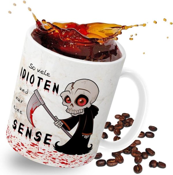 TRIOSK Tasse So viele Idioten und nur eine Sense mit Sensenmann Spruch lustig Fun Horror Geschenk für Arbeit Büro Kollegen Männer Frauen Beige, Keramik 300ml 9