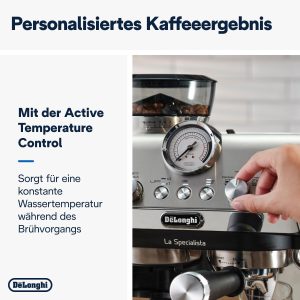 De'Longhi La Specialista Arte EC9155.MB Siebträgermaschine, Espressomaschine mit Mahlwerk, 8 Mahlgrade, 15 Bar, 3 Temperaturen, Milchschaumdüse, 1300 W, 1,5 l Tank, Edelstahl/Schwarz inkl. Barista-Kit 20