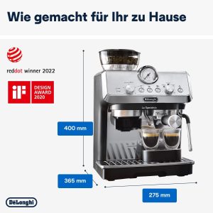 De'Longhi La Specialista Arte EC9155.MB Siebträgermaschine, Espressomaschine mit Mahlwerk, 8 Mahlgrade, 15 Bar, 3 Temperaturen, Milchschaumdüse, 1300 W, 1,5 l Tank, Edelstahl/Schwarz inkl. Barista-Kit 22