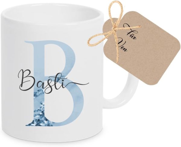 Kaffee-Tasse mit Buchstabe, personalisiert mit Wunschname, Persönliches Geschenk, Keramiktasse (Blau) 1