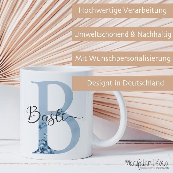Kaffee-Tasse mit Buchstabe, personalisiert mit Wunschname, Persönliches Geschenk, Keramiktasse (Blau) 2