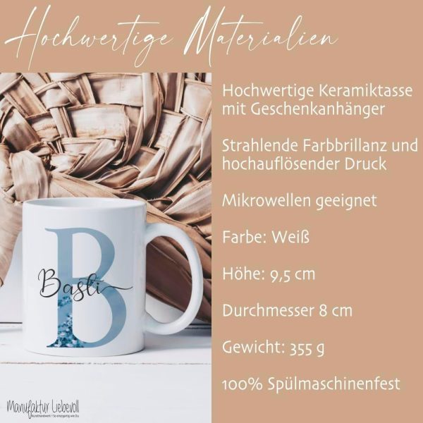 Kaffee-Tasse mit Buchstabe, personalisiert mit Wunschname, Persönliches Geschenk, Keramiktasse (Blau) 3