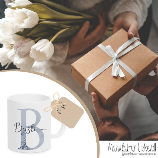Kaffee-Tasse mit Buchstabe, personalisiert mit Wunschname, Persönliches Geschenk, Keramiktasse (Blau) 6