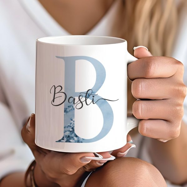 Kaffee-Tasse mit Buchstabe, personalisiert mit Wunschname, Persönliches Geschenk, Keramiktasse (Blau) 9