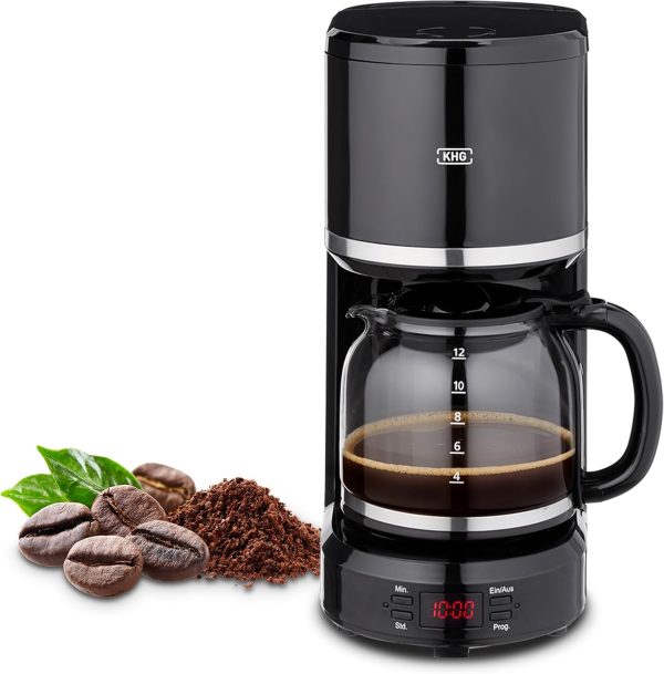 KHG Kaffeemaschine KA-187S in schwarz, Filtermaschine mit Permanentfilter, 12 Tassen, 1,5L, Timer, programmierbarer Startzeit, LED-Display, abnehmbarer Wassertank, Abschaltautomatik 1