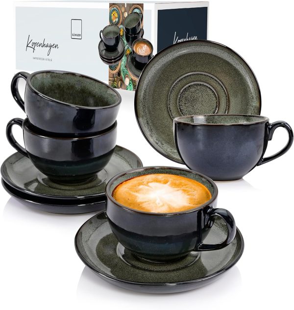 SÄNGER | Kaffeetassen Set Kopenhagen 8 tlg, Kaffeeservice 4 Personen, Kaffeetassen Set & Untertasse Spülmaschinenfest, Steingut Tasse & Untertasse Grau mit Grüner Innenwand 200 ml | PREMIUM COLLECTION 1