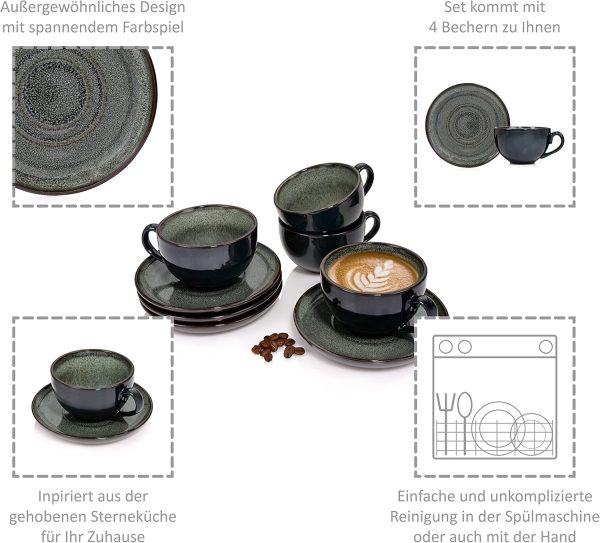 SÄNGER | Kaffeetassen Set Kopenhagen 8 tlg, Kaffeeservice 4 Personen, Kaffeetassen Set & Untertasse Spülmaschinenfest, Steingut Tasse & Untertasse Grau mit Grüner Innenwand 200 ml | PREMIUM COLLECTION 3