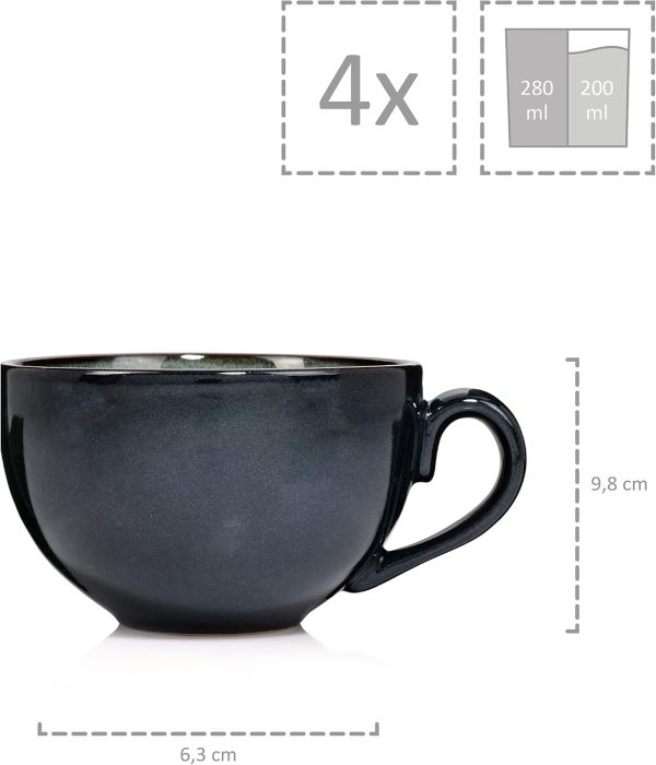 SÄNGER | Kaffeetassen Set Kopenhagen 8 tlg, Kaffeeservice 4 Personen, Kaffeetassen Set & Untertasse Spülmaschinenfest, Steingut Tasse & Untertasse Grau mit Grüner Innenwand 200 ml | PREMIUM COLLECTION 4