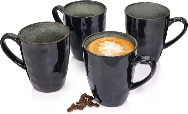 Sänger | Kaffeetassen Set Kopenhagen 4 tlg, Steingut Kaffeebecher 4 Personen, Tassen Spülmaschinenfest, Tassen für Kaffee Tee & Kakao, Kaffeepott Grau mit Grünen Elementen 300 ml | PREMIUM COLLECTION 1