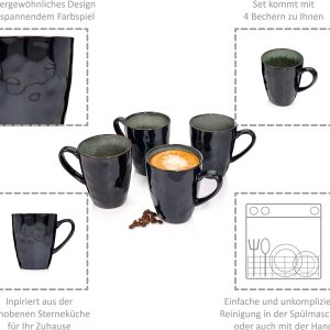 Sänger | Kaffeetassen Set Kopenhagen 4 tlg, Steingut Kaffeebecher 4 Personen, Tassen Spülmaschinenfest, Tassen für Kaffee Tee & Kakao, Kaffeepott Grau mit Grünen Elementen 300 ml | PREMIUM COLLECTION 9