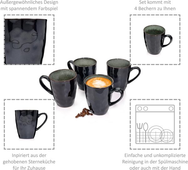 Sänger | Kaffeetassen Set Kopenhagen 4 tlg, Steingut Kaffeebecher 4 Personen, Tassen Spülmaschinenfest, Tassen für Kaffee Tee & Kakao, Kaffeepott Grau mit Grünen Elementen 300 ml | PREMIUM COLLECTION 3