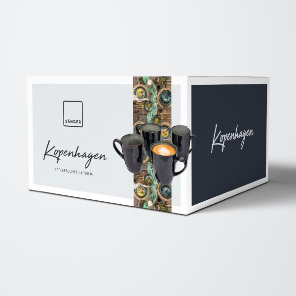 Sänger | Kaffeetassen Set Kopenhagen 4 tlg, Steingut Kaffeebecher 4 Personen, Tassen Spülmaschinenfest, Tassen für Kaffee Tee & Kakao, Kaffeepott Grau mit Grünen Elementen 300 ml | PREMIUM COLLECTION 5