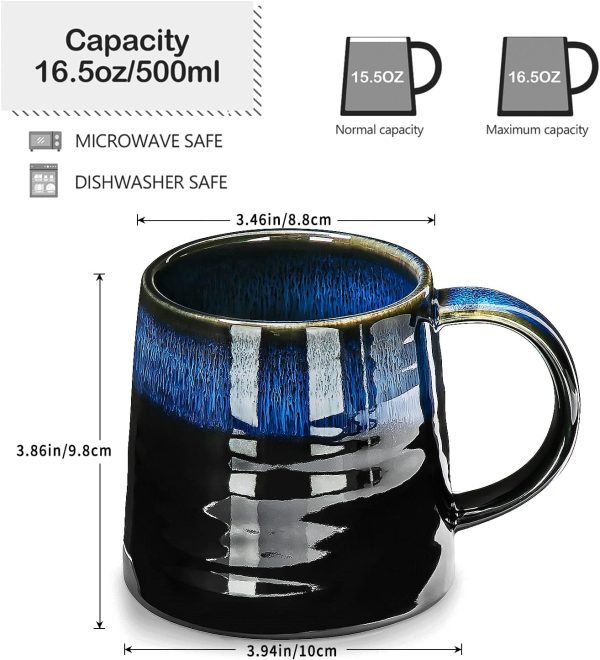 TELANKS Kaffeetasse Groß, Cappuccino Tassen Steingut, 500 ml Kaffeetasse Keramik, Große Tasse, Kaffeetasse Porzellan, Große Teetasse mit Henkel (Blau) 2