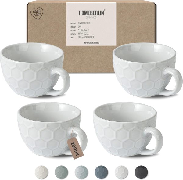 HOMEBERLIN® Design Cappuccino Tassen Set - 200ml Kaffeetassen 4er Set - Premium Kaffee Tassen Set aus hochwertigem Steingut - 4 moderne Kaffeetassen aus 100% Handfertigung - Dickwandige Kaffee Tasse 1