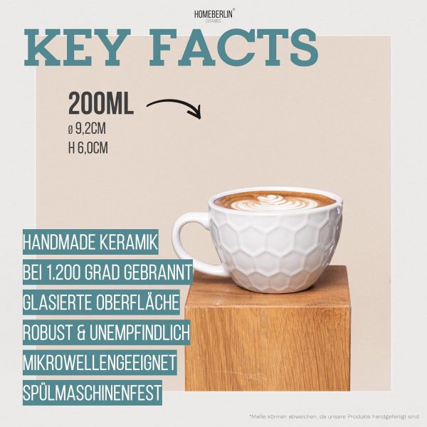 HOMEBERLIN® Design Cappuccino Tassen Set - 200ml Kaffeetassen 4er Set - Premium Kaffee Tassen Set aus hochwertigem Steingut - 4 moderne Kaffeetassen aus 100% Handfertigung - Dickwandige Kaffee Tasse 2