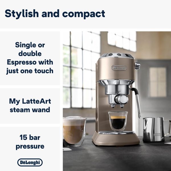 De'Longhi Dedica Arte EC 885.BG, Espresso Siebträgermaschine, Espressomaschine mit MyLatteArt Milchschaumdüse, kompaktes Design, 15 cm breit, 1 Liter Wassertank, E.S.E Pads geeignet, Beige 2