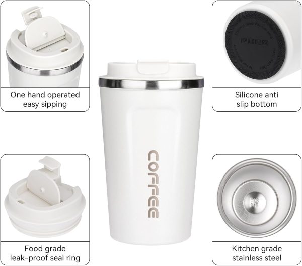 ERBO Kaffeebecher to go, Thermobecher Edelsthal, Auslaufsicher Kaffeetasse Kaffeebecher mit Deckel, Kaffeetasse Thermobecher für Unterwegs Umweltfreundlich, Weiß 380ml 2