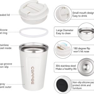 ERBO Kaffeebecher to go, Thermobecher Edelsthal, Auslaufsicher Kaffeetasse Kaffeebecher mit Deckel, Kaffeetasse Thermobecher für Unterwegs Umweltfreundlich, Weiß 380ml 10