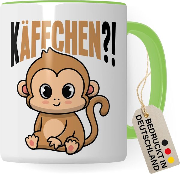 Käffchen Tasse Geschenk Kaffeetasse mit Spruch lustig Kaffee-Becher mit Affen-Motiv Teetasse Geschenkidee Kaffee-Liebhaber Kaffeetrinker und Kaffee-Fans Kaffee-Verehrer (Weiß/Grün) 1