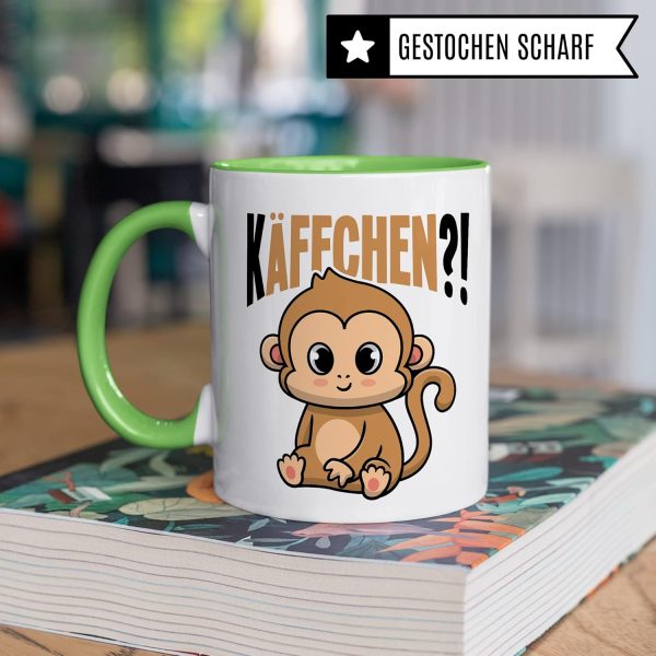 Käffchen Tasse Geschenk Kaffeetasse mit Spruch lustig Kaffee-Becher mit Affen-Motiv Teetasse Geschenkidee Kaffee-Liebhaber Kaffeetrinker und Kaffee-Fans Kaffee-Verehrer (Weiß/Grün) 4
