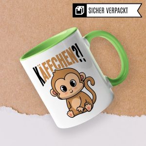 Käffchen Tasse Geschenk Kaffeetasse mit Spruch lustig Kaffee-Becher mit Affen-Motiv Teetasse Geschenkidee Kaffee-Liebhaber Kaffeetrinker und Kaffee-Fans Kaffee-Verehrer (Weiß/Grün) 16