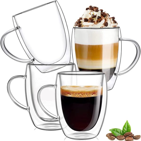 350ml Kaffeeglas Latte Macchiato Gläser mit Henkel, 4-Stück Teeglas Doppelwandige Gläser, Borosilikatglas Hitzebeständige Kaffeetassen Trinkgläser, Perfekt für Cappuccino, Americano, Tee und Getränke 1