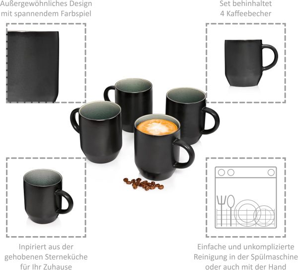 Sänger | Kaffeebecher mit Henkel Helsinki 4 tlg, Steingut Tasse 4 Personen Schwarz mit Grauen Akzenten, Coffee Cup für Kaffee Tee & Kakao Spülmaschinengeeignet 300 ml | PREMIUM COLLECTION 3