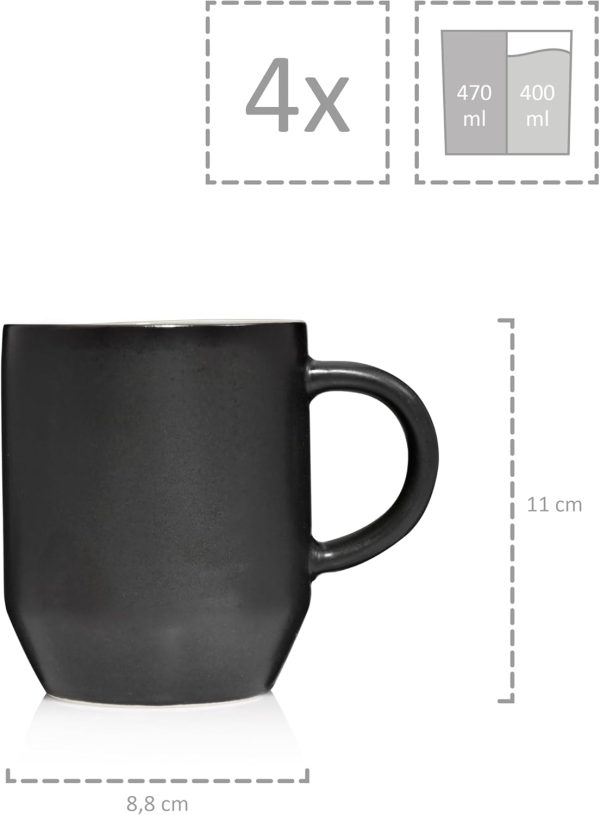 Sänger | Kaffeebecher mit Henkel Helsinki 4 tlg, Steingut Tasse 4 Personen Schwarz mit Grauen Akzenten, Coffee Cup für Kaffee Tee & Kakao Spülmaschinengeeignet 300 ml | PREMIUM COLLECTION 4