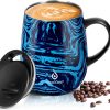 Ideus Kaffeebecher 470 ml (16 oz), doppelwandige vakuumisolierte Kaffee- und Teetasse aus Edelstahl mit rutschfestem Griff und Schiebemoduldeckel und großem Volumen (Blauer Druck) 23
