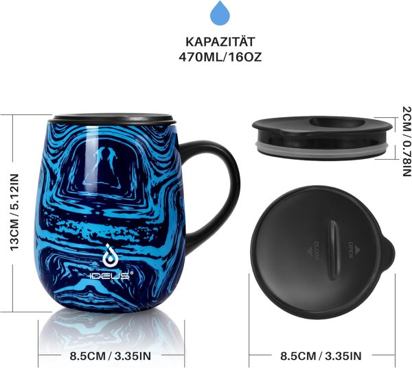 Ideus Kaffeebecher 470 ml (16 oz), doppelwandige vakuumisolierte Kaffee- und Teetasse aus Edelstahl mit rutschfestem Griff und Schiebemoduldeckel und großem Volumen (Blauer Druck) 5
