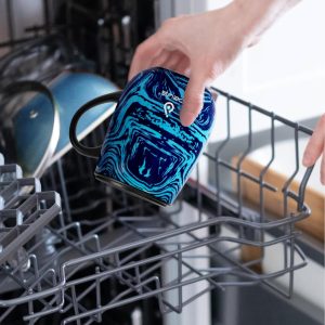 Ideus Kaffeebecher 470 ml (16 oz), doppelwandige vakuumisolierte Kaffee- und Teetasse aus Edelstahl mit rutschfestem Griff und Schiebemoduldeckel und großem Volumen (Blauer Druck) 16