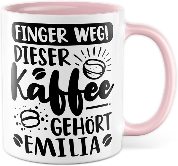Kaffee-Tasse personalisiert mit Spruch lustig - FINGER WEG! Dieser Kaffee gehört eigener Name - Geschenk personalisierbar Geschenk-Idee Büro personalisieren Kaffee-Becher (Weiß & Rosa) 1