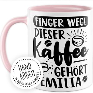 Kaffee-Tasse personalisiert mit Spruch lustig - FINGER WEG! Dieser Kaffee gehört eigener Name - Geschenk personalisierbar Geschenk-Idee Büro personalisieren Kaffee-Becher (Weiß & Rosa) 8