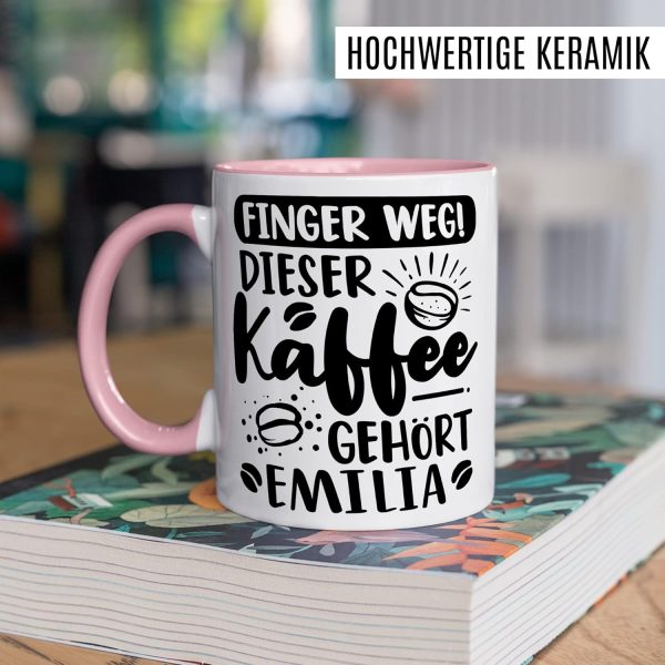 Kaffee-Tasse personalisiert mit Spruch lustig - FINGER WEG! Dieser Kaffee gehört eigener Name - Geschenk personalisierbar Geschenk-Idee Büro personalisieren Kaffee-Becher (Weiß & Rosa) 5