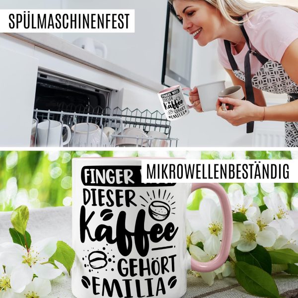 Kaffee-Tasse personalisiert mit Spruch lustig - FINGER WEG! Dieser Kaffee gehört eigener Name - Geschenk personalisierbar Geschenk-Idee Büro personalisieren Kaffee-Becher (Weiß & Rosa) 6
