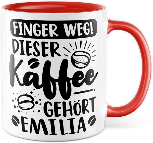 Kaffee-Tasse personalisiert mit Spruch lustig - FINGER WEG! Dieser Kaffee gehört eigener Name - Geschenk personalisierbar Geschenk-Idee Büro personalisieren Kaffee-Becher (Weiß & Rot) 1