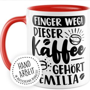 Kaffee-Tasse personalisiert mit Spruch lustig - FINGER WEG! Dieser Kaffee gehört eigener Name - Geschenk personalisierbar Geschenk-Idee Büro personalisieren Kaffee-Becher (Weiß & Rot) 8