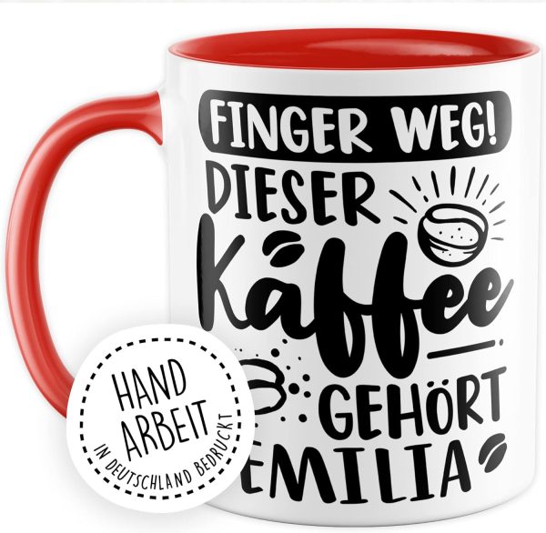 Kaffee-Tasse personalisiert mit Spruch lustig - FINGER WEG! Dieser Kaffee gehört eigener Name - Geschenk personalisierbar Geschenk-Idee Büro personalisieren Kaffee-Becher (Weiß & Rot) 2